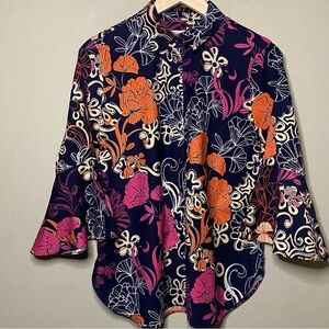 Chico's Blouse Women Size 8 Blue Orange Pink Floral Bell Sleeve Covered Buttons